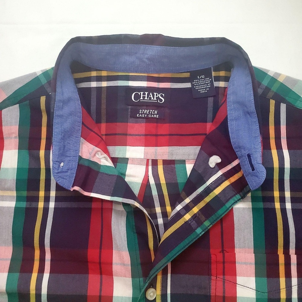 CHAPS Men's Newport Navy Stretch Poplin Plaid Button Down Long-Sleeve Shirt L/G - Picture 5 of 16